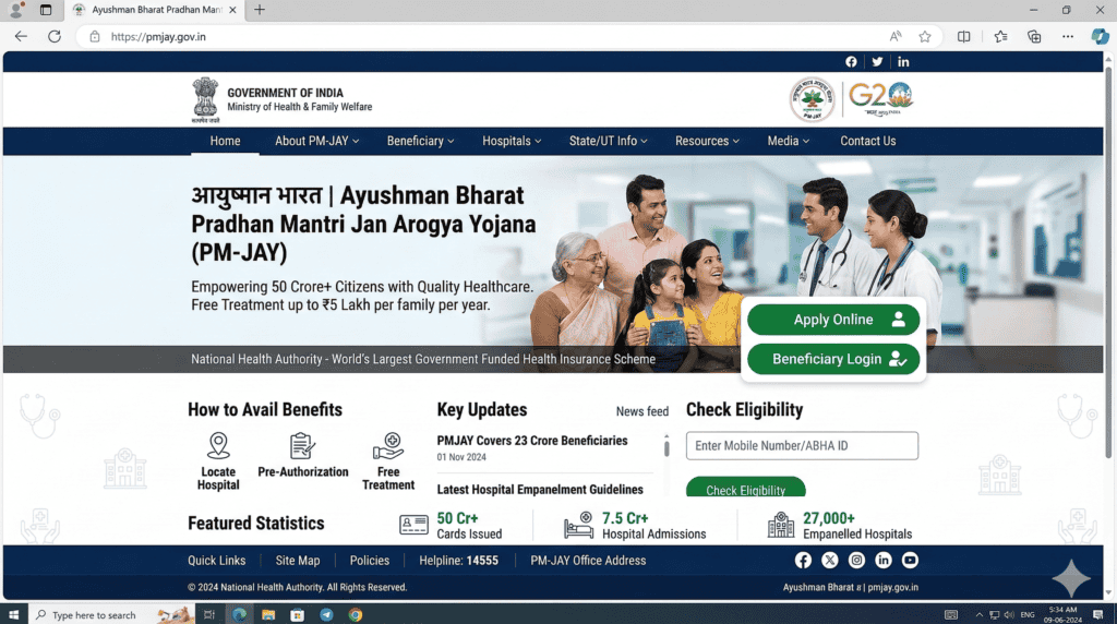 Ayushman Bharat official portal homepage for registration